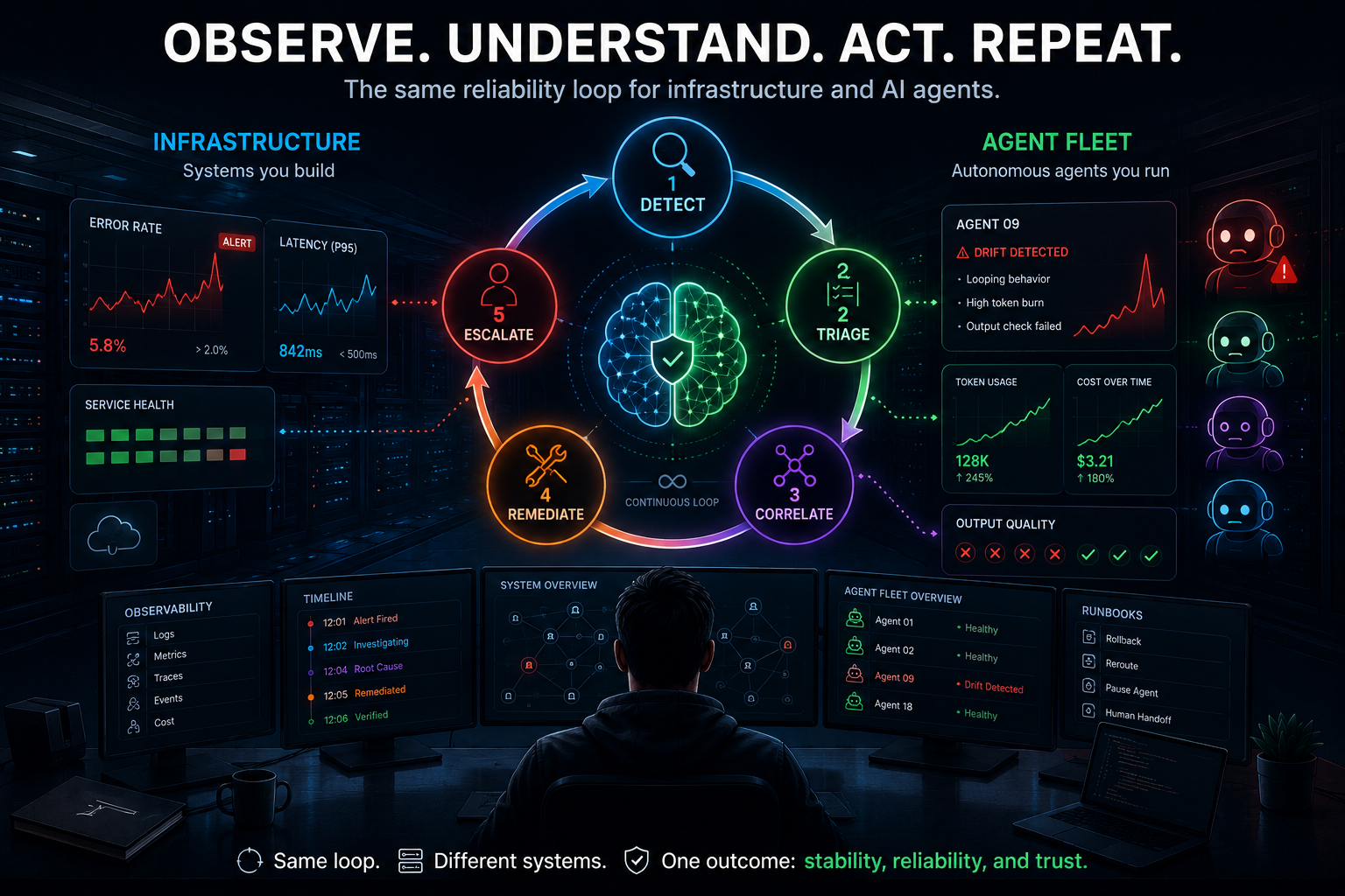 Observe, understand, act, repeat: the same reliability loop for infrastructure and AI agents, running detect, triage, correlate, remediate and escalate around a central control plane