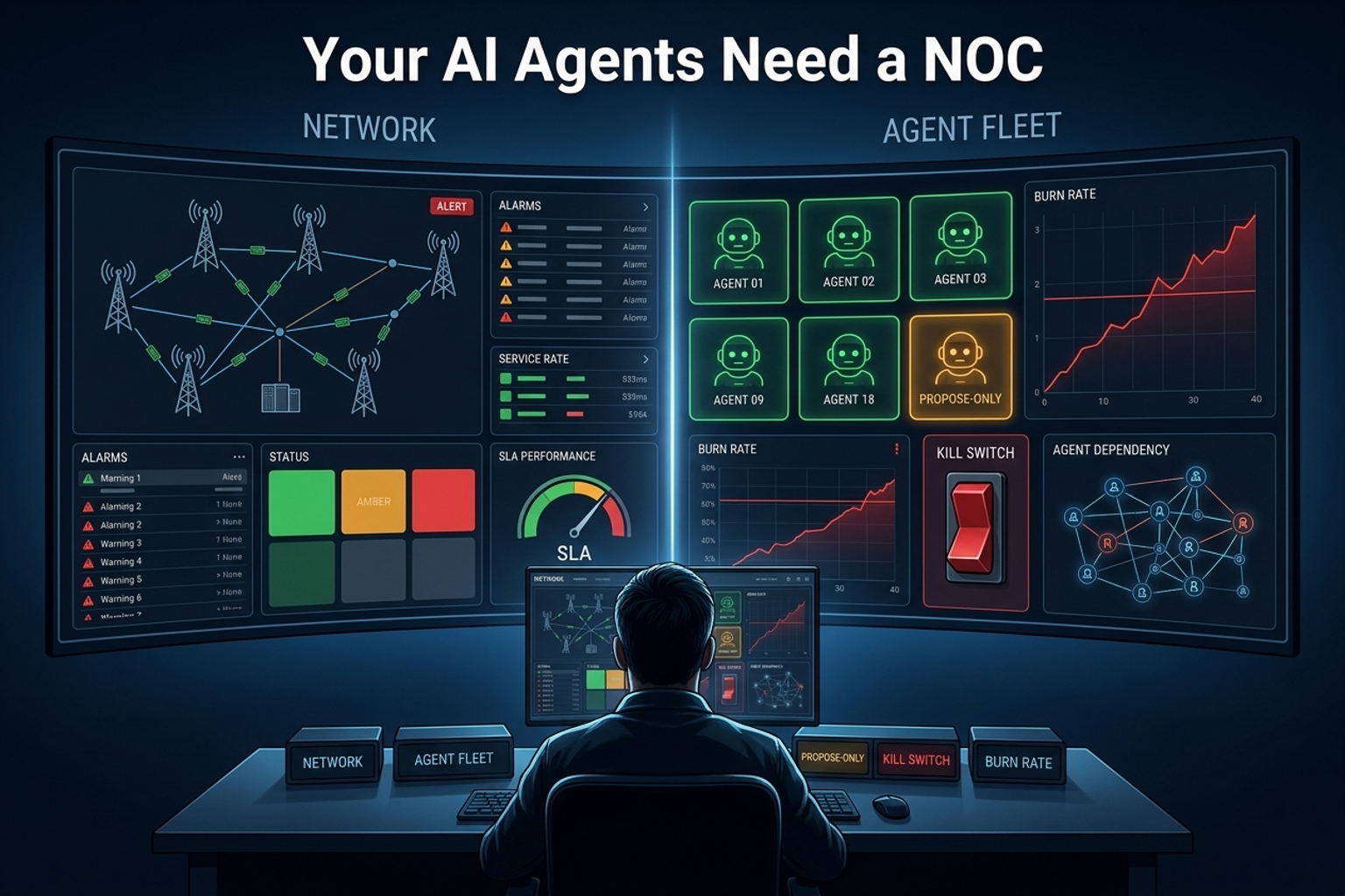 A network operations center whose wall of screens shows AI agents instead of network elements