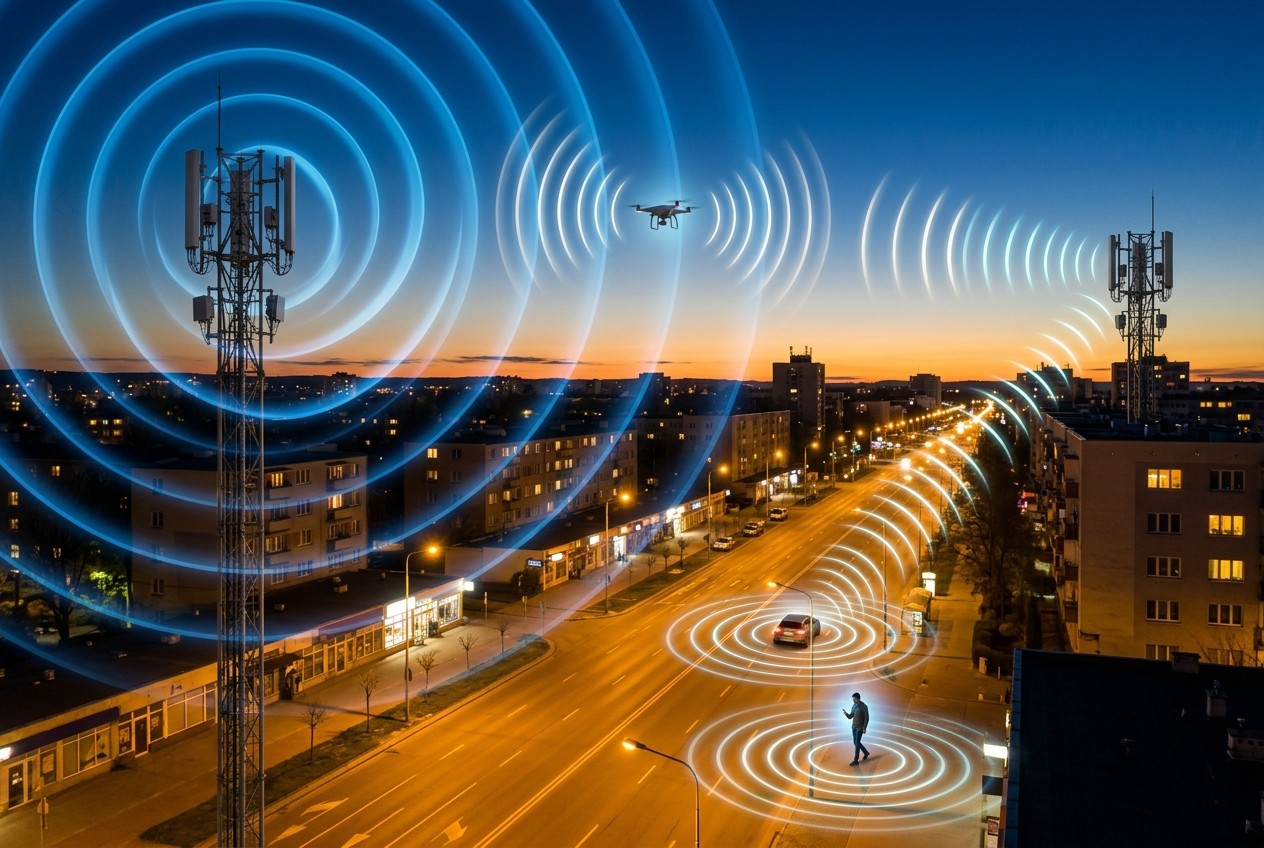 A boulevard at dusk where large blue radio wavefronts expand from a lattice tower on the left, while a drone, a car and a pedestrian each emit smaller bright echo ripples that travel back toward a second tower on the right