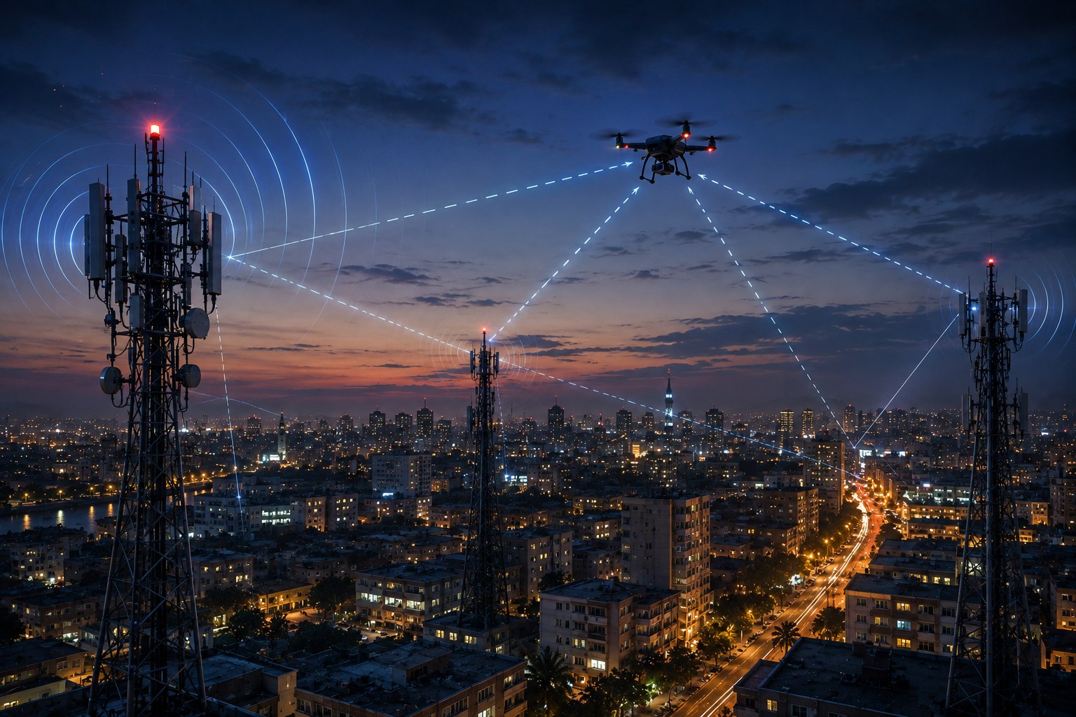 Lattice cell towers above a city at dusk, radio waves rippling from their antennas and dashed detection lines from three towers converging on a single quadcopter drone in the sky