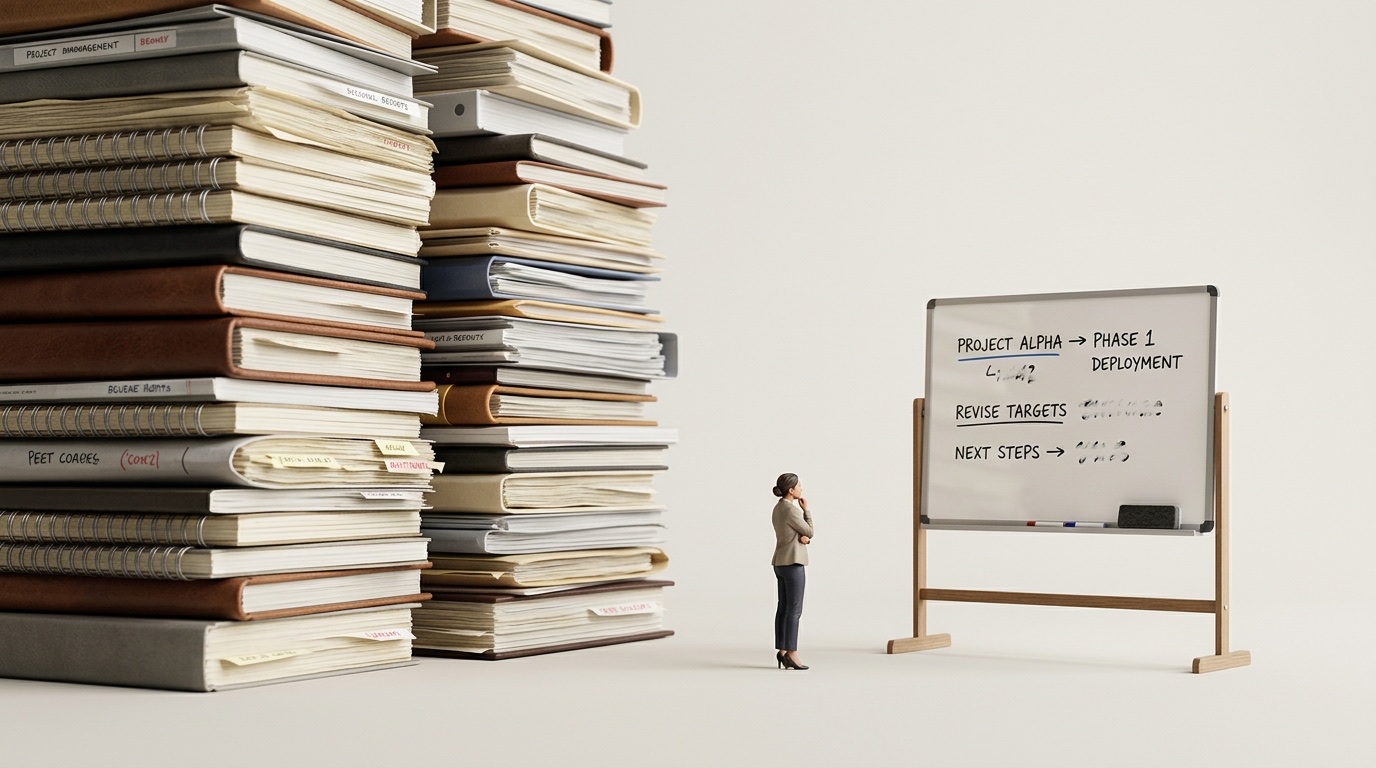 A towering stack of notebooks and documents beside one small reusable whiteboard, with a tiny figure between them: the two ways an AI model can remember a long conversation