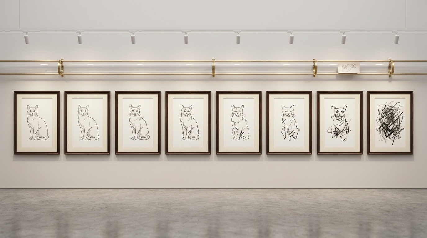 A gallery wall of eight framed cat drawings, each copy more distorted than the last, while a brass tube above carries the original drawing straight to the end: how residual connections preserve information