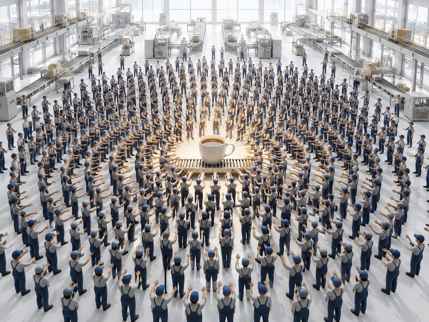 A dense AI model illustrated as a huge factory where thousands of workers crowd around a single coffee cup: every parameter works on every word