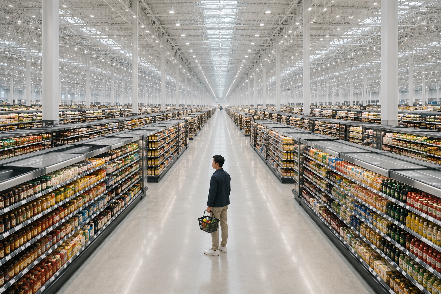 A Mixture of Experts model illustrated as a giant supermarket where one shopper fills a small basket: a huge model with a tiny active slice per word