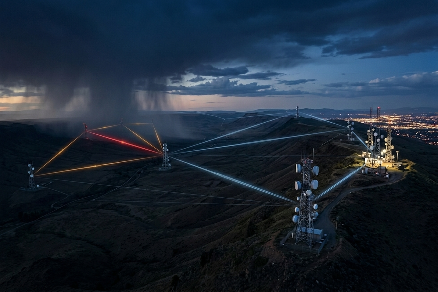 A rain cell crossing a microwave backhaul region on an operations map, with an agent console diagnosing links