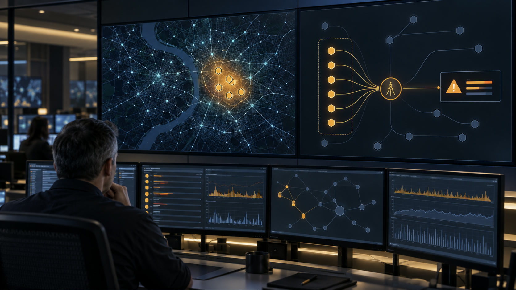 A network operations centre at night: three operators at consoles face a curved video wall. The central display shows the restored network topology - cell sites feeding microwave hubs and a chain of routers into the core - with one service path highlighted in amber and one failed microwave link marked in red.